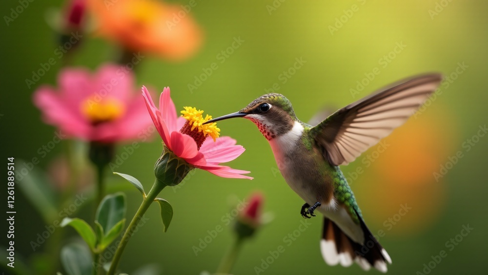 Fototapeta premium A hummingbird drinks nectar from a flower, creating a dynamic and fascinating atmosphere. The vibrant flower and rapid wing movements celebrate the beauty of hummingbirds and the importance of protect