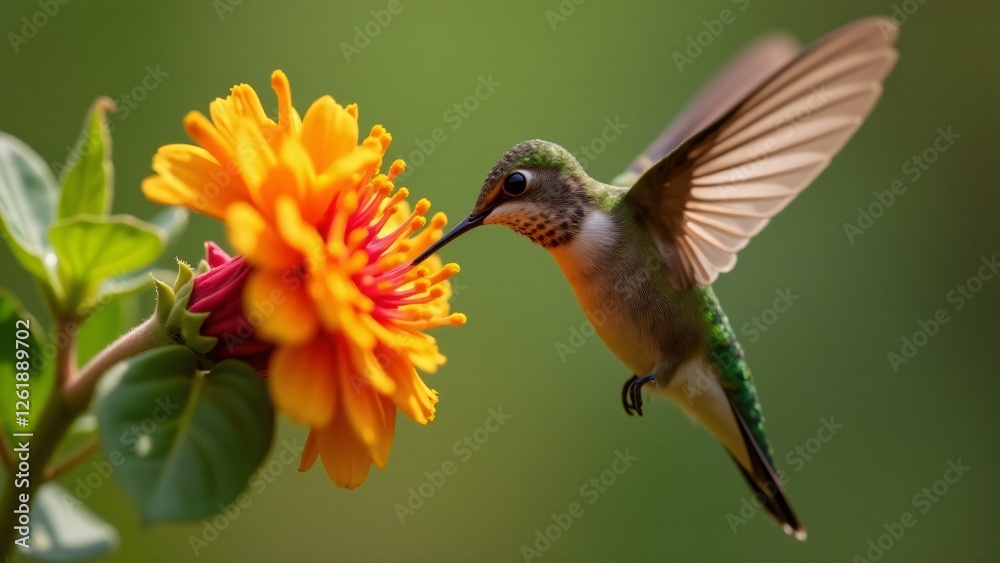 Fototapeta premium A hummingbird drinks nectar from a flower, creating a dynamic and fascinating atmosphere. The vibrant flower and rapid wing movements celebrate the beauty of hummingbirds and the importance of protect