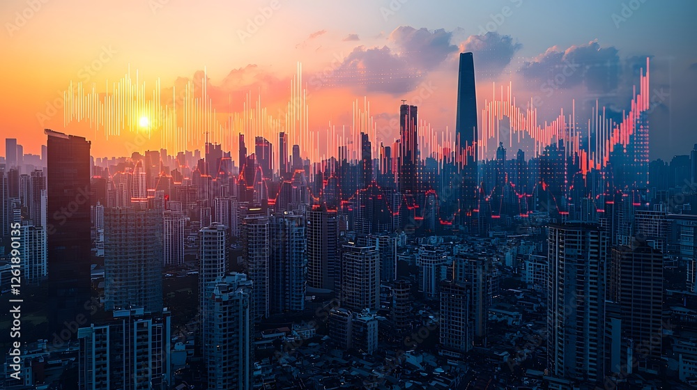 Fototapeta premium Stunning Sunset Skyline Cityscape with Overlayed Financial Stock Market Data Graphs