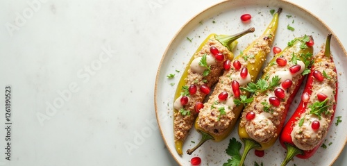 Plate of Chiles en Nogada Garnished with Pomegranate Seeds on Light Background