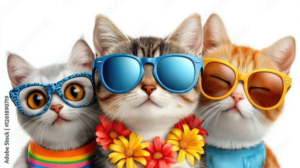 Fototapeta premium A cheerful and fashionable tabby cat dressed in a variety of stylish accessories including sunglasses a headband and a floral a whimsical and engaging portrait in a studio setting