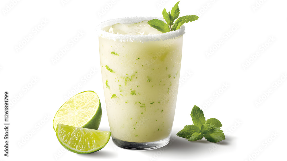 Refreshing Frozen Mojito in a Glass with Lime and Mint Leaves on a White Background Refreshing Frozen Mojito in a Glass with Lime and Mint Leaves on a White Background