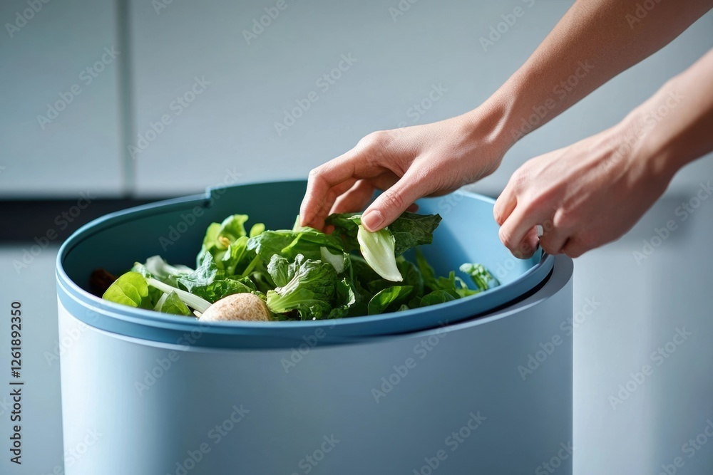 Person adding fresh green vegetables to a light blue compost bin. Person adding fresh green vegetables to a light blue compost bin.