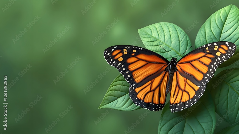 Fototapeta premium Majestic Monarch Butterfly Perched on Lush Green Leaves with Soft Backdrop
