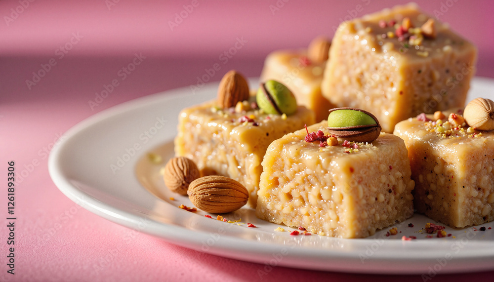 Artisanal nougat with almonds and pistachios on pink background, gourmet treat Artisanal nougat with almonds and pistachios on pink background, gourmet treat