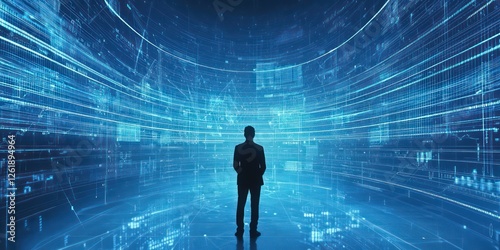 A visual of a businessperson analyzing data trends and communication methods for future growth.