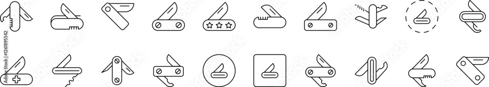 Camping Thin Line Icon Set. Folding Knife Outline Signs for Graphic and Web Design, Apps, Adverts, Various Cards Camping Thin Line Icon Set. Folding Knife Outline Signs for Graphic and Web Design, Apps, Adverts, Various Cards