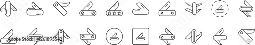 Camping Thin Line Icon Set. Folding Knife Outline Signs for Graphic and Web Design, Apps, Adverts, Various Cards