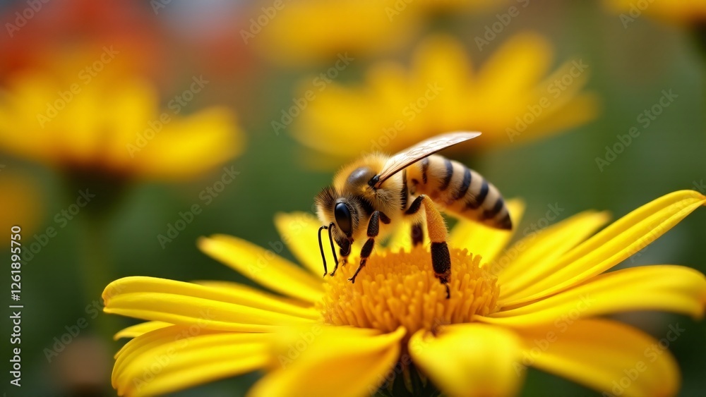 A bee collects pollen in a garden, creating an industrious and fascinating atmosphere. The vibrant colors and busy movements celebrate the vital role of bees and the importance of protecting pollinato A bee collects pollen in a garden, creating an industrious and fascinating atmosphere. The vibrant colors and busy movements celebrate the vital role of bees and the importance of protecting pollinato