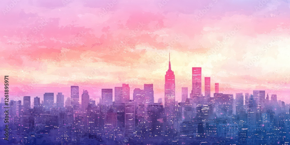 A watercolor-style skyline with soft pink and purple hues at dusk. A watercolor-style skyline with soft pink and purple hues at dusk.
