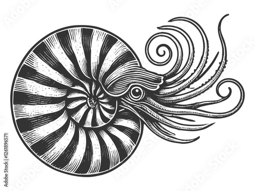 Nautilus engraving sketch vector illustration