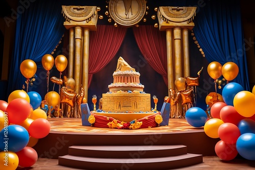 A majestic birthday cake with an archaeological theme, surrounded by archaeological-themed balloons and decorations on a stage with bold, ancient colors. photo