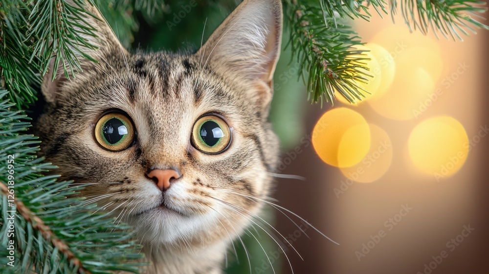 Obraz premium Adorable and playful kitten peeking out curiously from a lush green pine tree decorated with holiday ornaments creating a festive and cozy winter scene