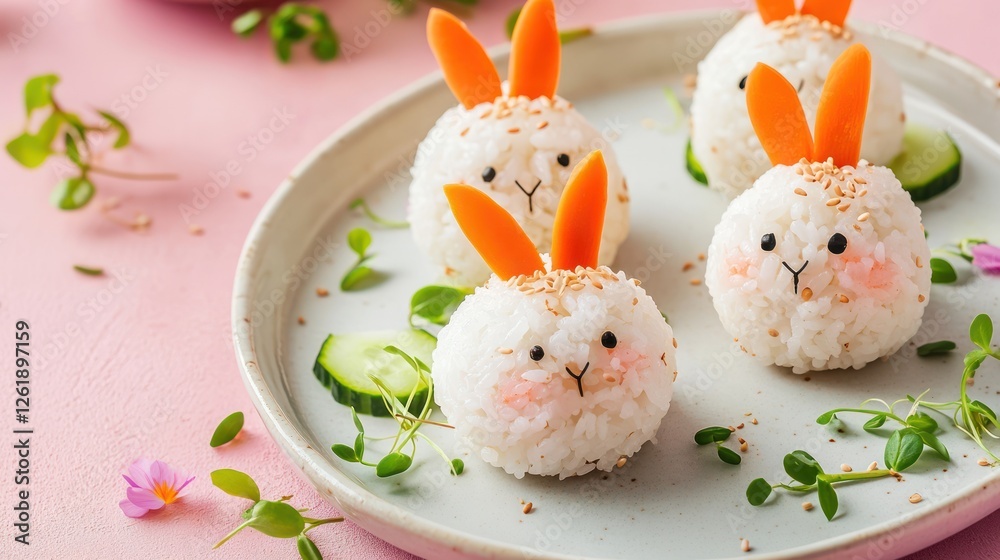 Easter rice balls decorated with vegetable pieces, adorable bunny-shaped festive thematic snacks in Japanese sushi style, international fusion cuisine, AI generated photo Easter rice balls decorated with vegetable pieces, adorable bunny-shaped festive thematic snacks in Japanese sushi style, international fusion cuisine, AI generated photo