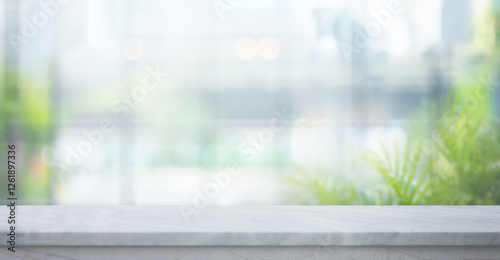 Selective focus.Elegance product display background with marble top on blur big window and fresh garden.copy space.not ai generated