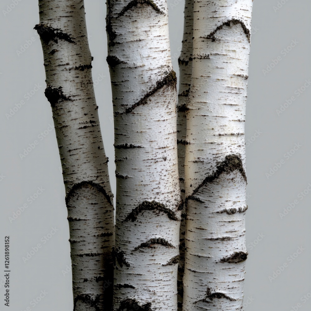Fototapeta premium Closeup of Three Birch Tree Trunks Against Gray Background