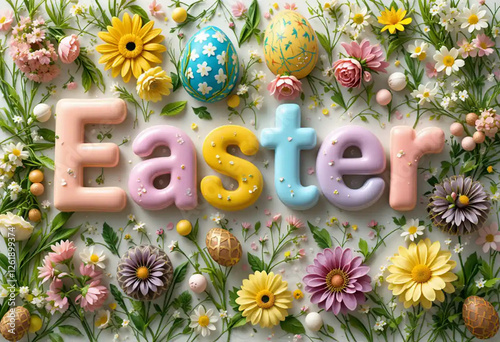 Happy Easter creamy text, decorativ easter text with eggs,  photo