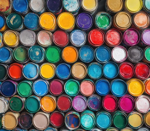 Colorful paint cans arranged tightly, studio shot, vibrant colors, background of similar paint cans. Use Graphic design inspiration, color palettes photo