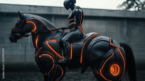Futuristic rider astride a horse with neon accents