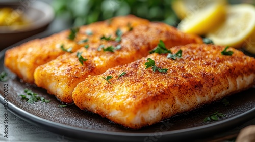 Indulge in fried catfish fillet with crispy skin, a delightful balance of crunchy texture and juicy tenderness.