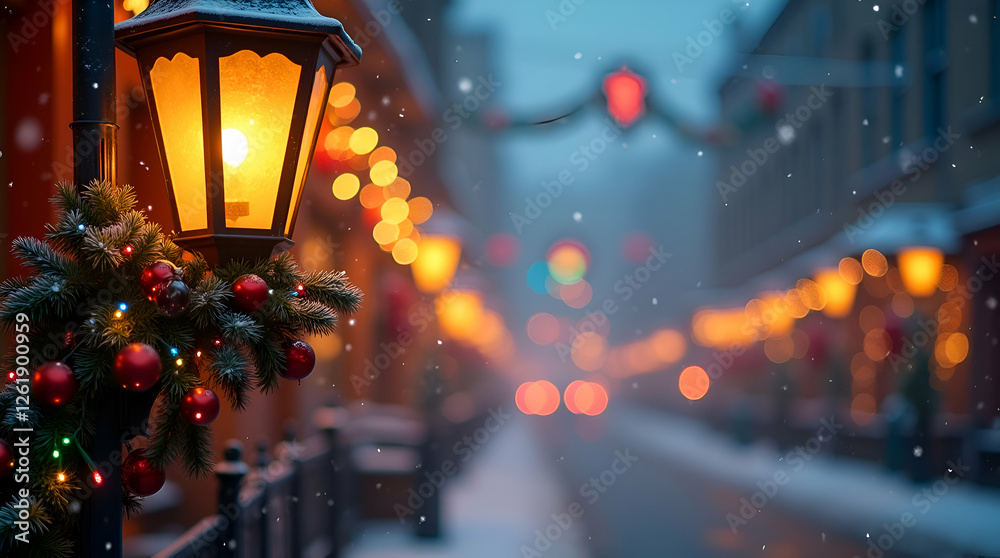 A charming street lamp adorned with festive decorations glows warmly amidst falling snowflakes, Photo Illustration Image Picture
A charming street lamp adorned with festive decorations glows warmly amidst falling snowflakes, Photo Illustration Image Picture