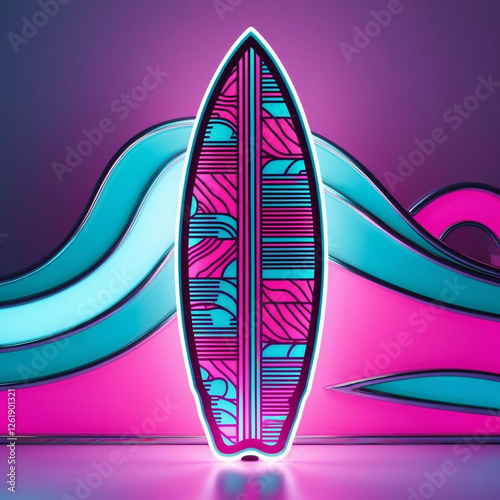 A glowing, neon-lit surfboard icon with retro patterns and futuristic waves