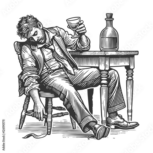 Drunken Man with Bottle engraving vector