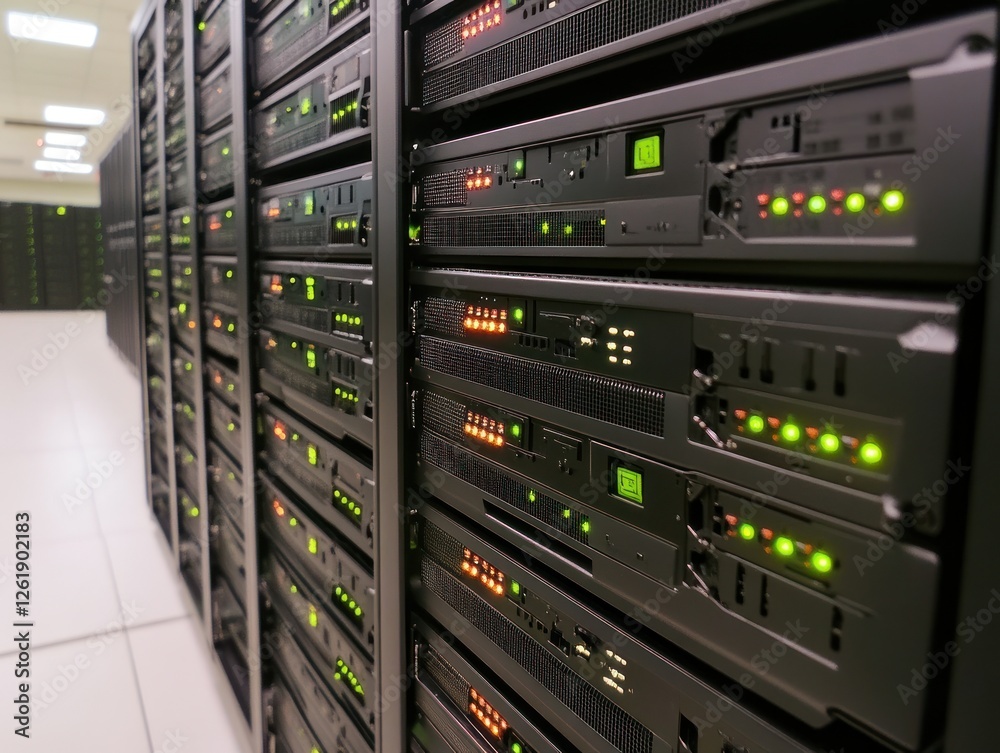 A close-up view of a modern data center showcasing rows of illuminated servers with green and orange lights, emphasizing technology and efficiency A close-up view of a modern data center showcasing rows of illuminated servers with green and orange lights, emphasizing technology and efficiency