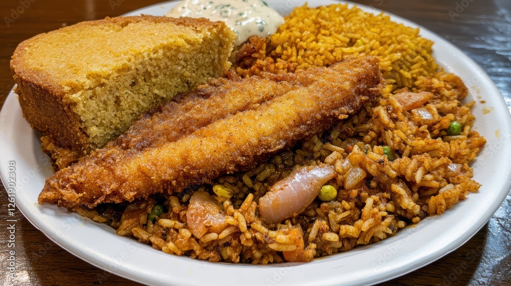 Spicy Cajun fried catfish, paired with flavorful dirty rice and a slice of buttery cornbread for a Southern-inspired meal. Spicy Cajun fried catfish, paired with flavorful dirty rice and a slice of buttery cornbread for a Southern-inspired meal.