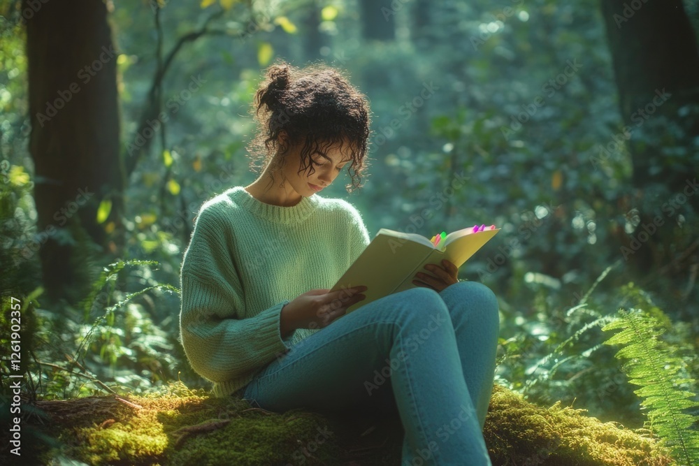 A young woman enjoys a peaceful moment reading a book surrounded by the serene beauty of a lush forest. A young woman enjoys a peaceful moment reading a book surrounded by the serene beauty of a lush forest.