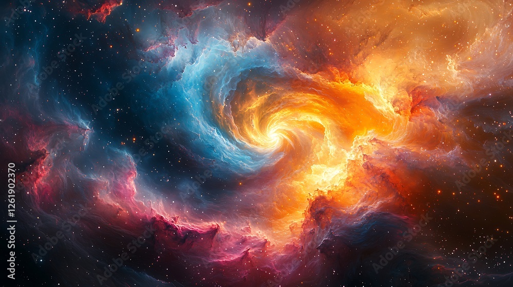 Obraz premium Cosmic Dance of Nebulae: An ethereal and captivating swirling nebula of vibrant blue, orange, and red hues dances across a vast expanse of cosmic darkness.