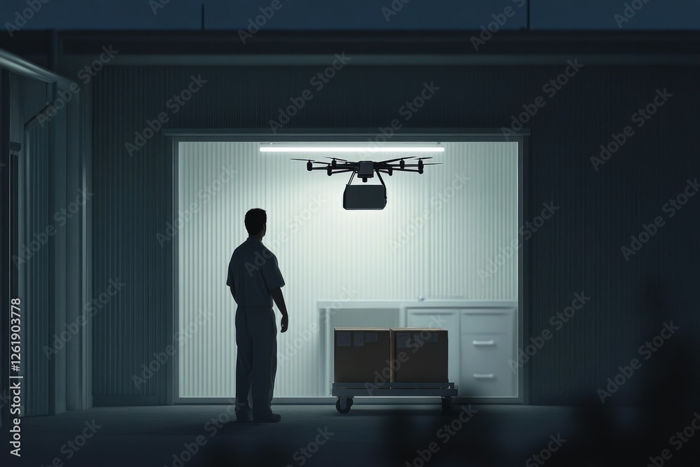 Nighttime drone delivery of packages to a warehouse, a lone worker waits. Nighttime drone delivery of packages to a warehouse, a lone worker waits.