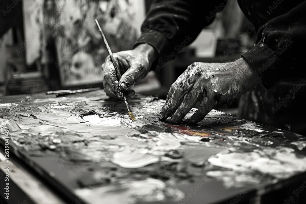 A painter's hands, covered in paint, meticulously work on a canvas, creating a textured masterpiece. A painter's hands, covered in paint, meticulously work on a canvas, creating a textured masterpiece.