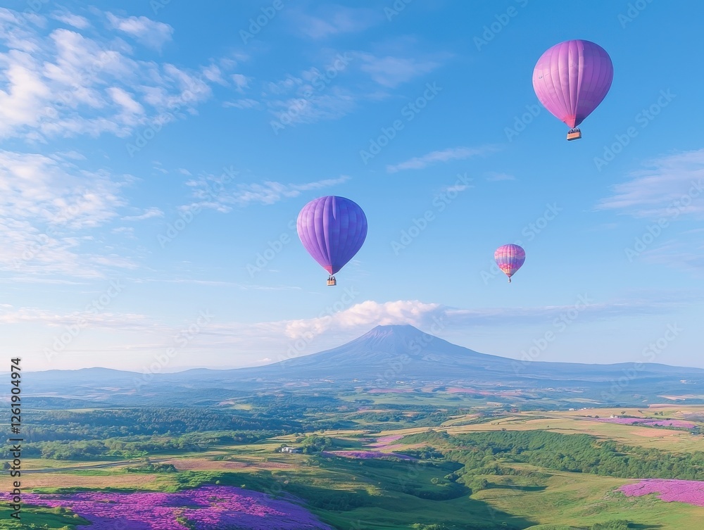 Naklejka premium Colorful hot air balloons over scenic mountain landscape outdoor adventure aerial view travel inspiration