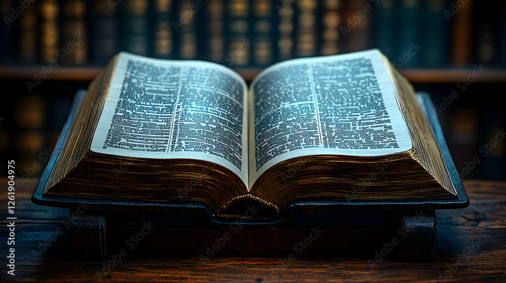 Open antique book on wooden stand, library background; religious, historical context Open antique book on wooden stand, library background; religious, historical context