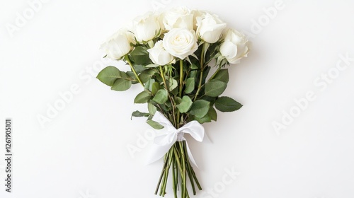 White roses bouquet, tied with ribbon, on white background; for wedding invitations