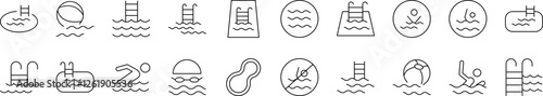 Swimming Pool Line Icon Set. Minimalistic Linear Pictogram for Web and Graphic Design, Apps, Banners, Social Network and Cards