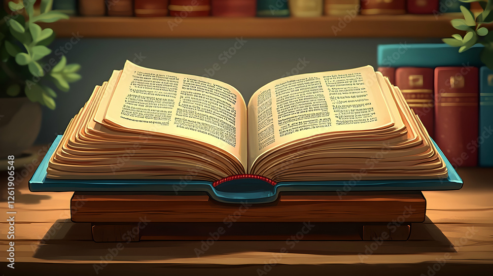 Obraz premium Open book on wooden stand, library background, reading, knowledge