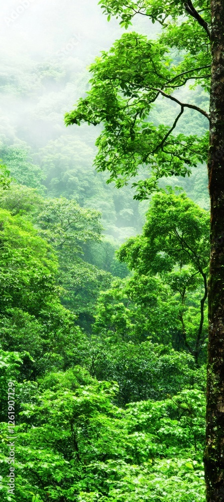 Fototapeta premium Lush green forest with dense foliage and mist, creating a serene and tranquil natural setting.