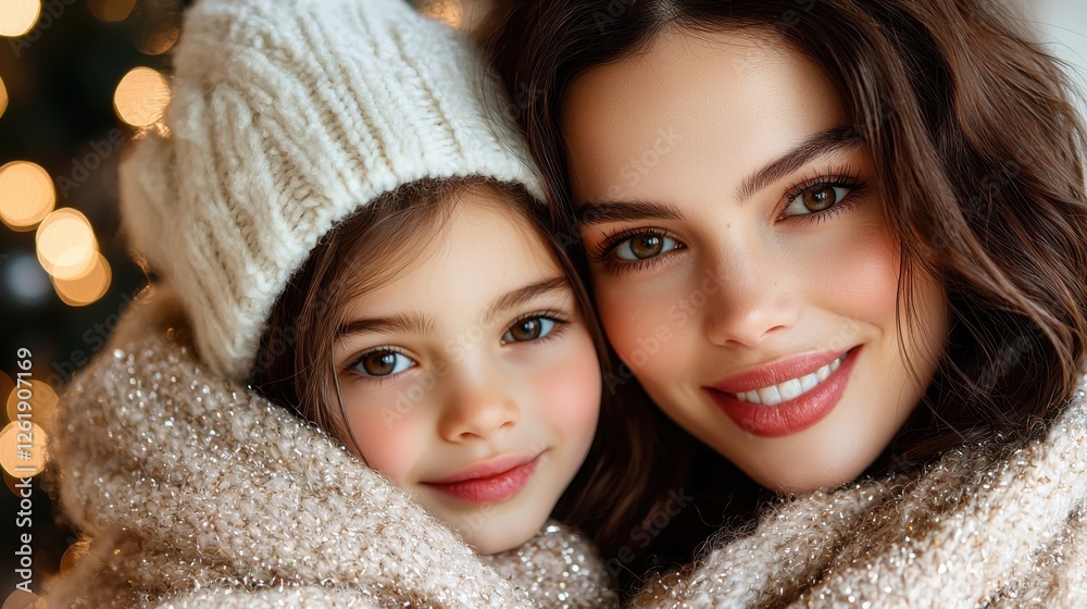 A tender and joyful moment between a loving mother and her young daughter sharing a warm embrace in a cozy winter setting with a festive backdrop A tender and joyful moment between a loving mother and her young daughter sharing a warm embrace in a cozy winter setting with a festive backdrop