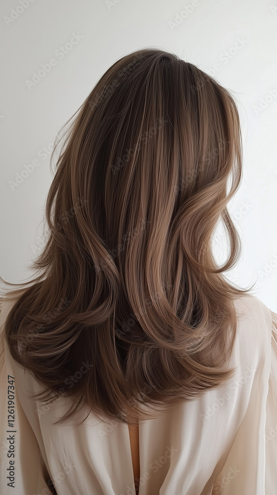 Naklejka premium Elegant Back View of Woman Displaying Stylish Layered Brown Hair