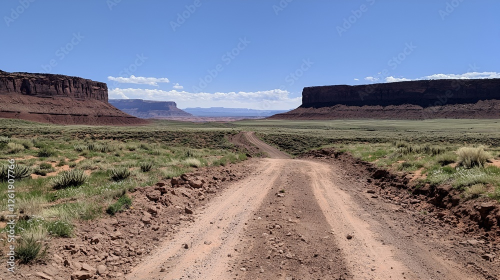 Desert road between mesas, Utah landscape. Stock photo for travel, adventure Desert road between mesas, Utah landscape. Stock photo for travel, adventure