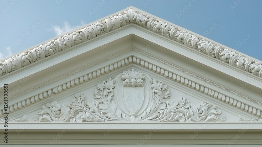 Obraz premium Ornate white pediment detail, architectural element, exterior building, clear sky background, design inspiration