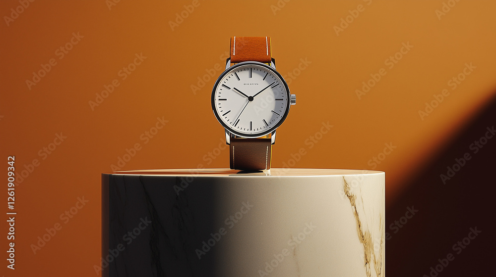 Elegant Designer Wristwatch Displayed on a Stylish Contemporary Marble Pedestal