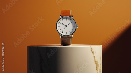 Elegant Designer Wristwatch Displayed on a Stylish Contemporary Marble Pedestal