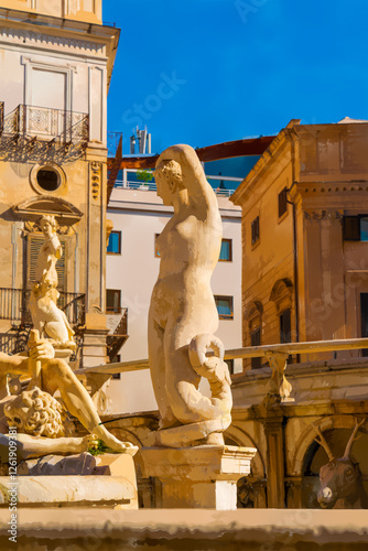 Palermo, Sicily, Italy. Watercolor illustration. Pretoria Fountain - A 16th-century fountain known for its grand composition of series of pools and statues of mythological characters. Sunny summer day photo