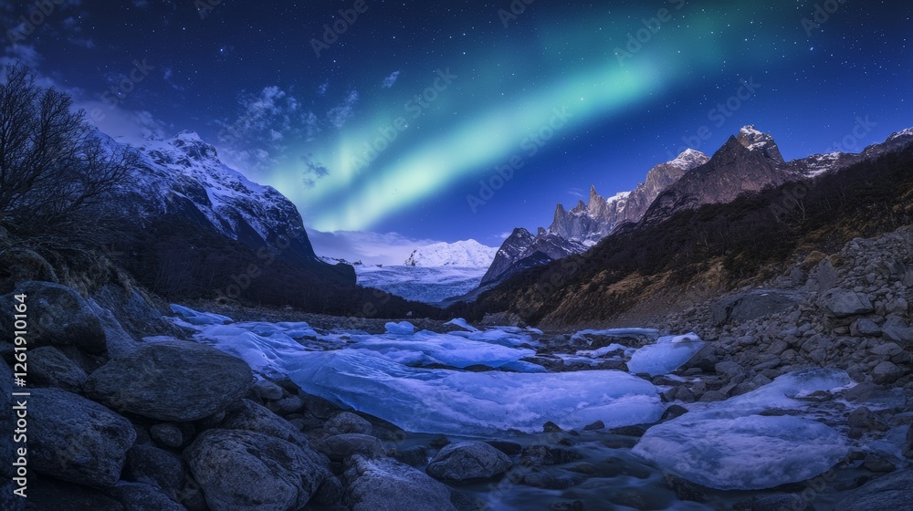 Naklejka premium Aurora Borealis Illuminating Glacial Landscape and Rocky Terrain
