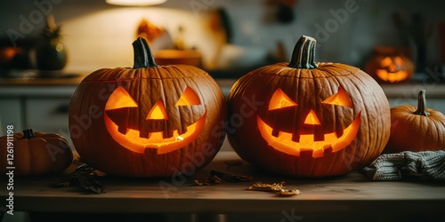 Stepbrother and stepsibling carving pumpkins for Halloween photo