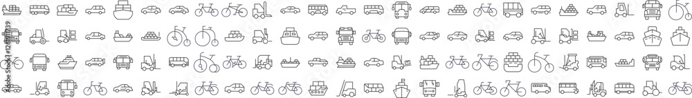 Fototapeta premium Bus, Ship, Tractor, Bicycle, Car Simple Isolated Line Icons Collection. Editable Stroke. Perfect for Web Sites, Books, Cards, Apps