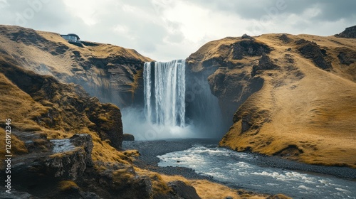 Majestic Icelandic waterfall, flowing river, autumnal hills, cloudy sky; nature backdrop